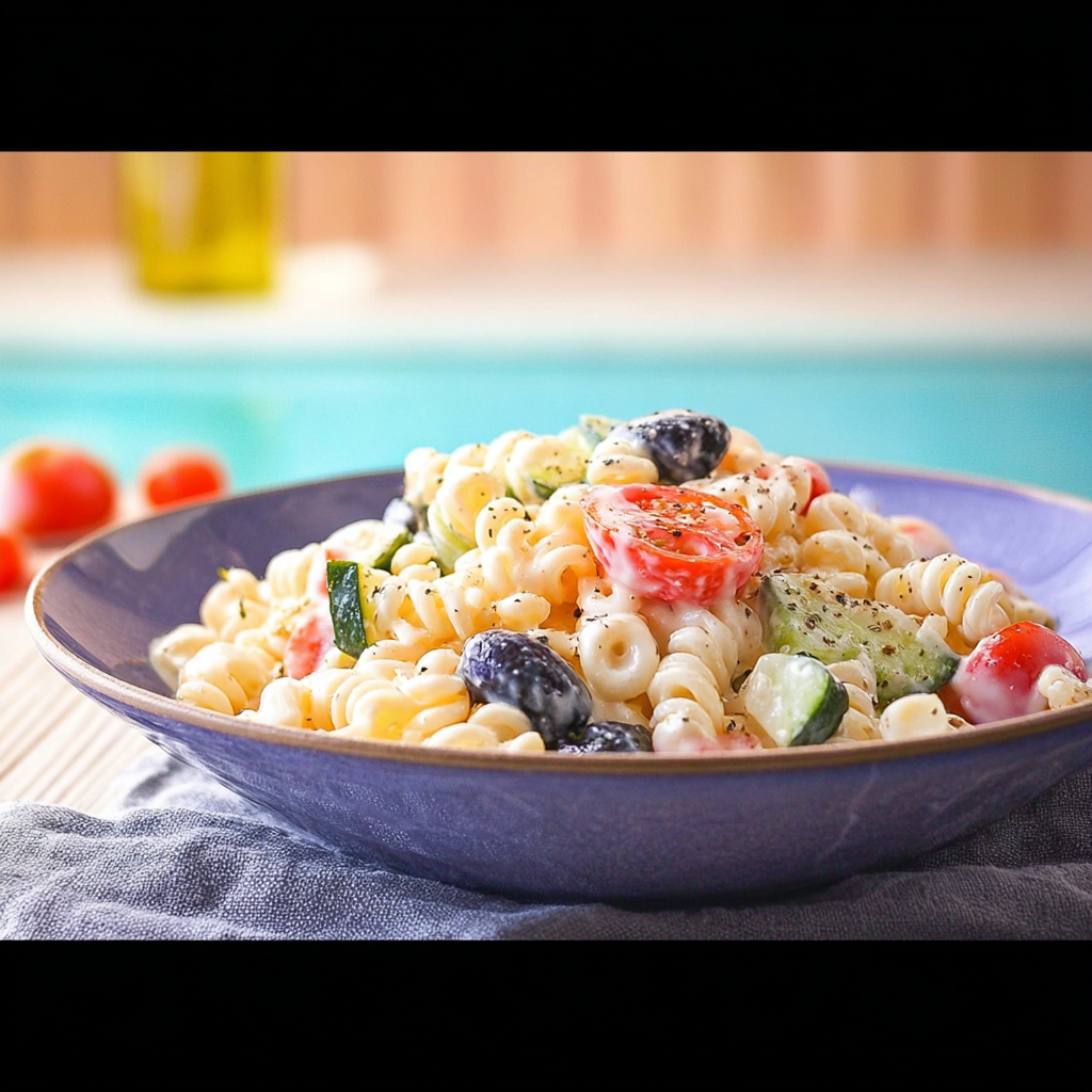Chilled pasta salad for the pool